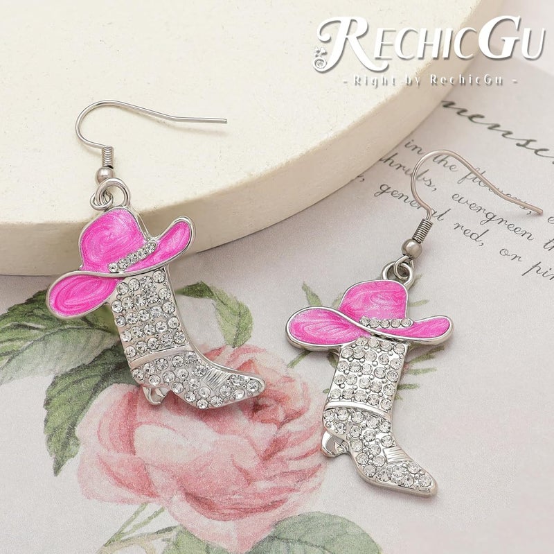 RechicGu Rhinestone Western Boots Earrings Cowgirl Cowboy Enamel Hat Bohemian Rodeo Boot Drop Dangle Earrings for Women - Image 4